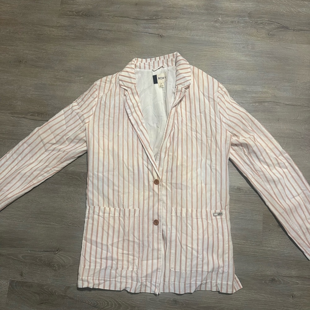 Roxy Tan & white stripe linen blazer
